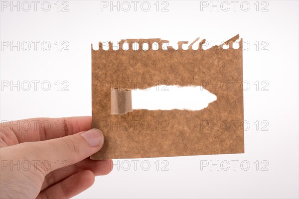 Hand holding torn notepaper on a white background