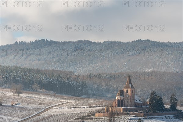 Saint-Jacques-le-Majeur mixed church under the snow near the wine route. Hunawihr