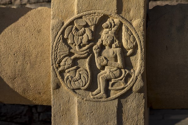 Detailed decorative carving on the balustrade of Stupa 2. Buddhist Monuments at Sanchi. UNESCO World Heritage Site. Sanchi