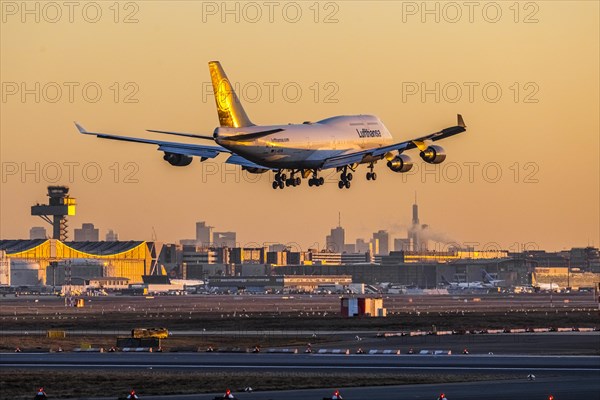 Fraport Airport with aircraft of type Boeing 747 Jumbo Jet of the airline Lufthansa during landing
