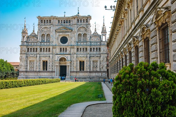 View of marble facade of historical monastery Charterhouse Church Madonna delle Grazie of Carthusian Order Silent Monastery Certosa die Pavia