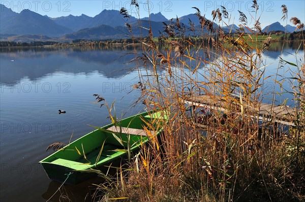 View over the Hopfensee lake in the Allgaeu towards Aggenstein near Pfronten