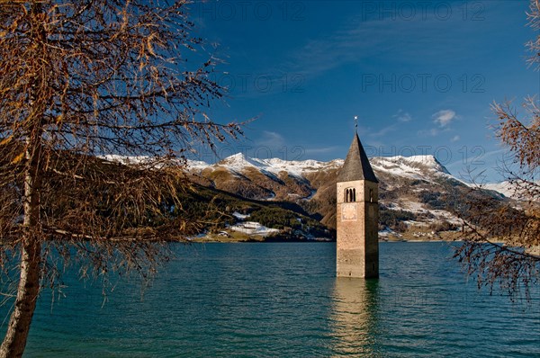 Church tower of the former parish church of Saint Katahrina of Graun in Lake Reschen