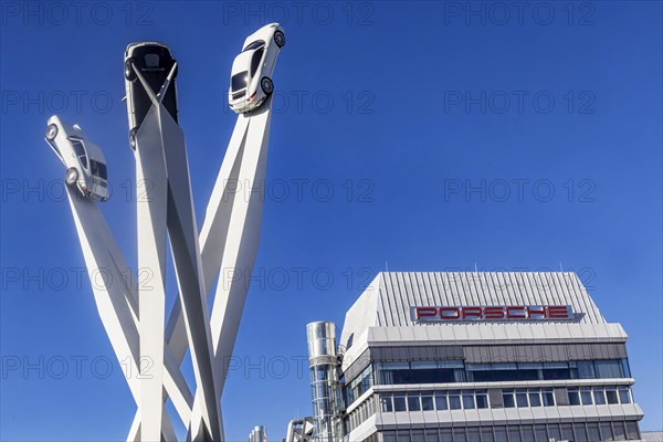 Porscheplatz Zuffenhausen with Porsche logo and headquarters