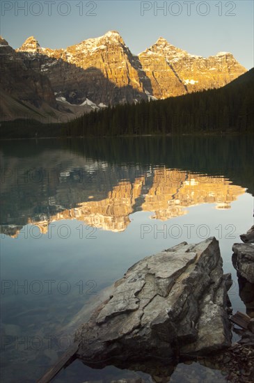 Valley of the Ten Peaks reflected in Moraine Lake at sunrise