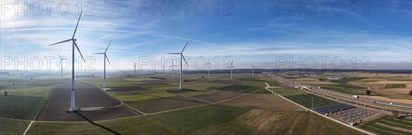Wind farm in the Swabian Alb with motorway A8