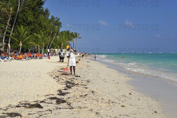 Employee of a resort cleans the beach from seaweed