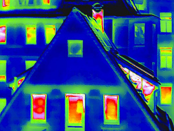 Thermal image or thermography shows weak points in the insulation of residential buildings