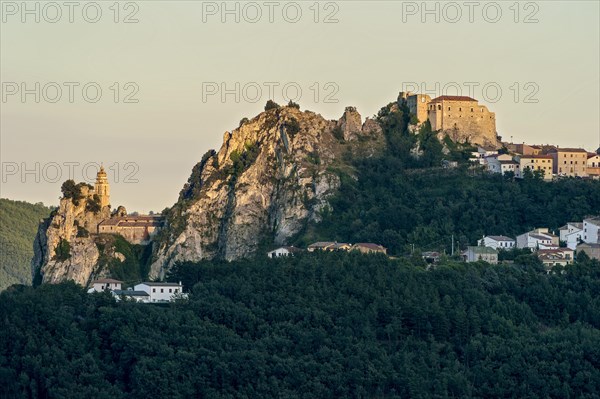 View of the rocky town of Bagnoli del Trigno with the church Chiesa di San Silvestro and the ruined castle Castello San Felice