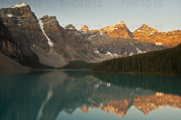 Valley of the Ten Peaks reflected in Moraine Lake at sunrise