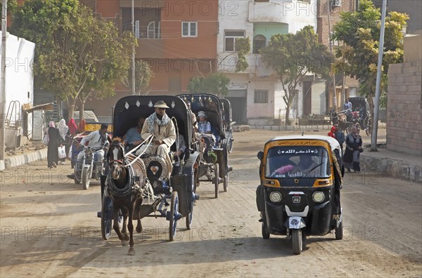 Horse-drawn carriages and a tuk tuk on the main street in Edfu