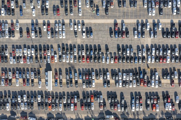 Ford pickup trucks are parked in a vacant warehouse parking lot