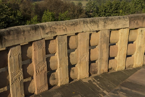 Balustrade of Stupa 2 with decorative carvings. Buddhist Monuments at Sanchi. UNESCO World Heritage Site. Sanchi