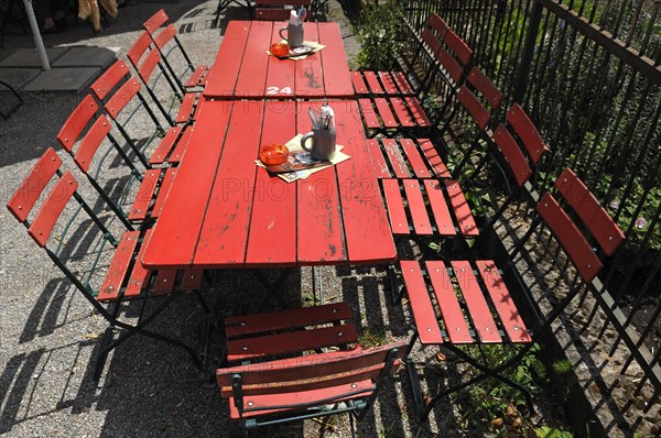 Red beer garden tables