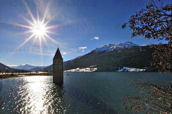 Church tower of the former parish church of Saint Katahrina of Graun in Lake Reschen