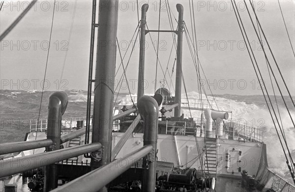 Foredeck of a cargo ship on the high seas