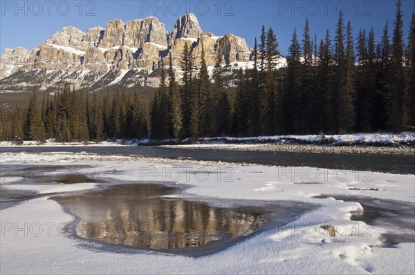 Castle Mountain and Bow River in winter