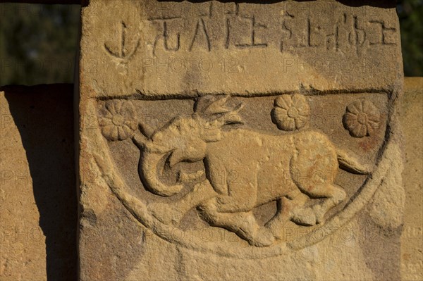 Decorative carving on balustrade of Stupa 2. Buddhist Monuments at Sanchi. UNESCO World Heritage Site. Sanchi