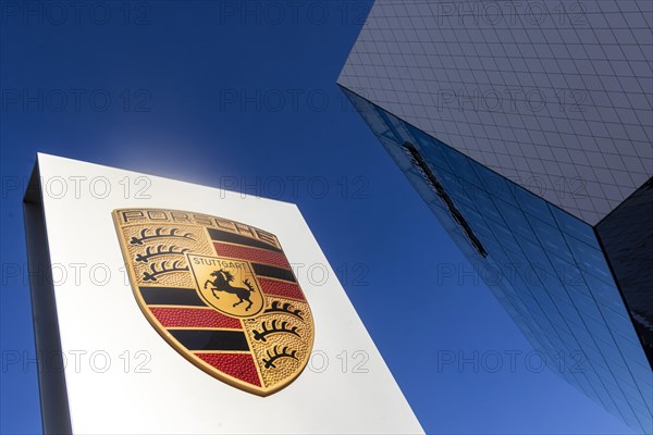 Porscheplatz Zuffenhausen with Porsche logo and headquarters