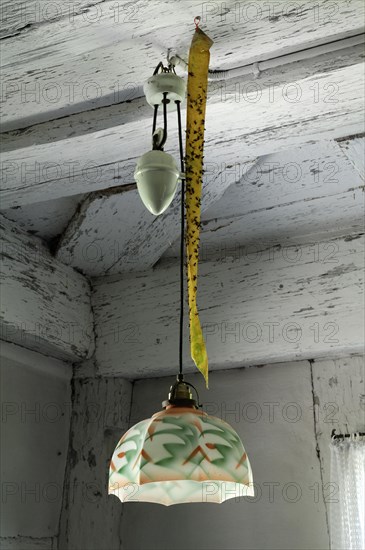 Strips of honey with flies on a lamp in the living room in the shepherds house