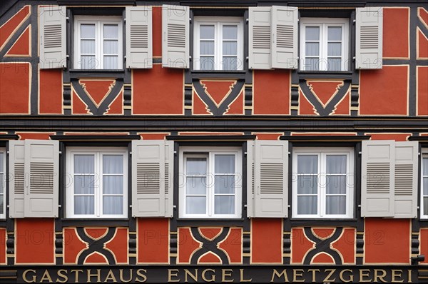 Detailed view of a historic half-timbered house from Gasthof Engel