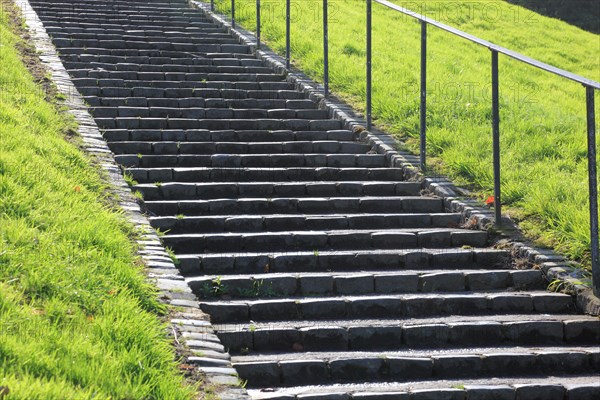 Long staircase in a hillside with grass