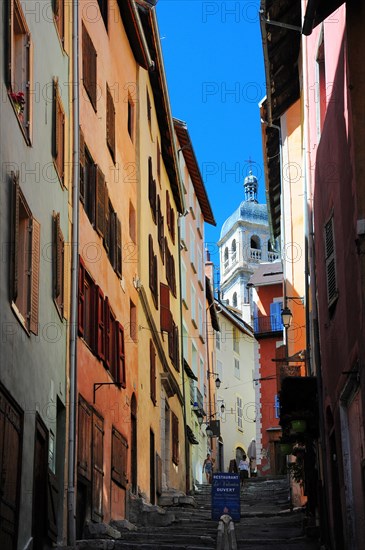 Alley in the Cite Vauban in Briancon with a view of the cathedral