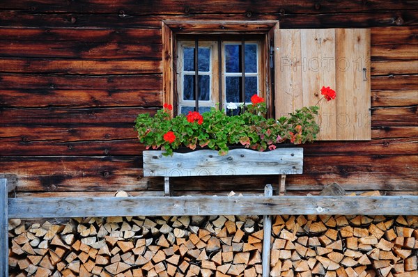 Geraniums on a window of an alpine house