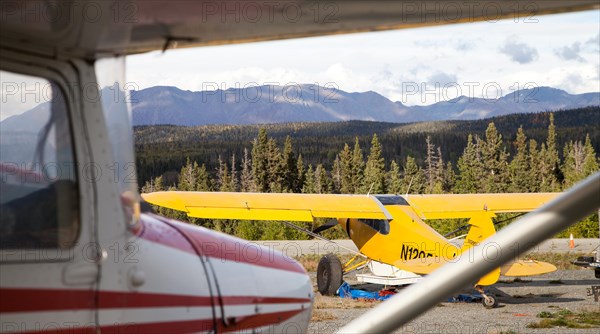 Small aircraft at the small airfield of Chitina in the Wrangell Mountains of Alaska