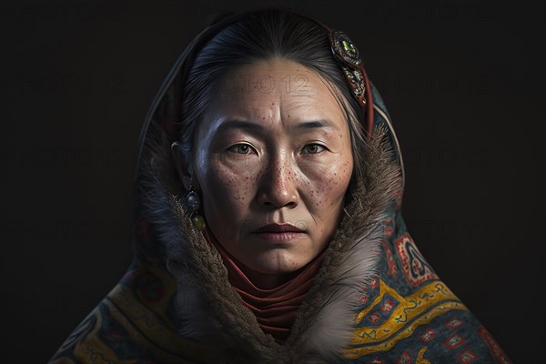 Portrait of woman from Nenets tribe in Siberia. Ai generated art