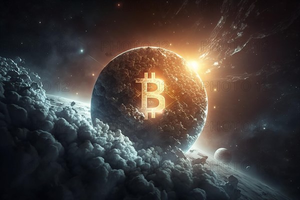 Bitcoin digital currency in space. Ai generated art