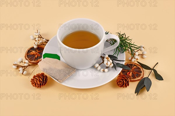 Tea cup surrounded by seasonal forest decoration on beige background