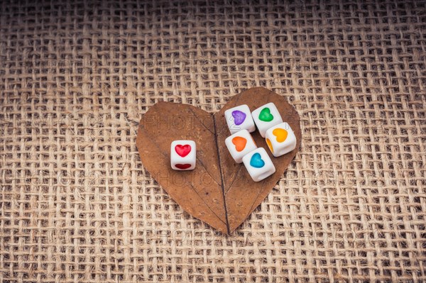 Colorful cubes with a heart on leaf on canvas