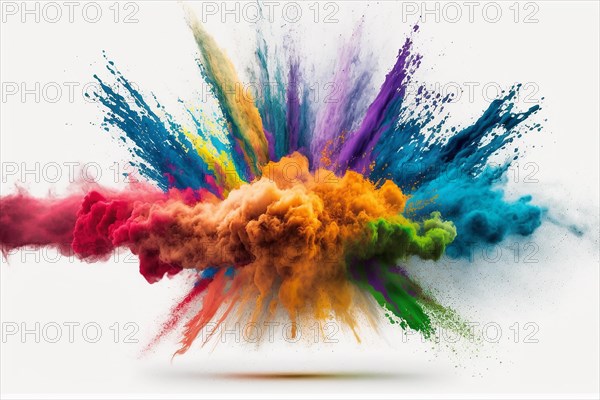 Colorful rainbow holi paint color powder explosion isolated white wide panorama background. Ai generated art