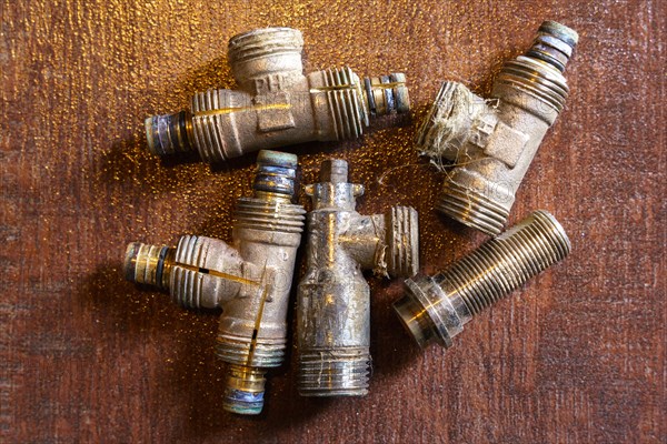 Old brass nuts and fittings for plumbing use recycling. Recycling of non-ferrous scrap