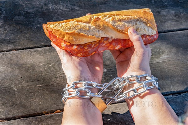 Woman holding a chorizo sandwich with her hands chained together as a dietary slave concept