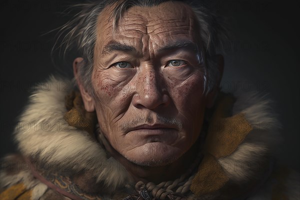 Portrait of man from Nenets tribe in Siberia. Ai generated art