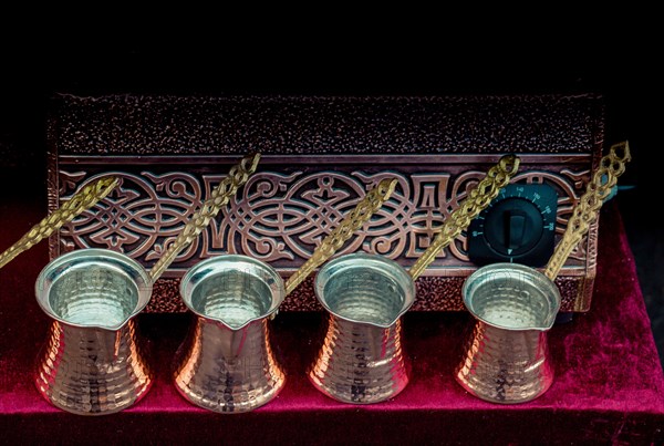 Turkish coffee pots made of metal in a traditional style