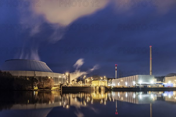 Neckarwestheim nuclear power plant in the evening with cloud of water vapour