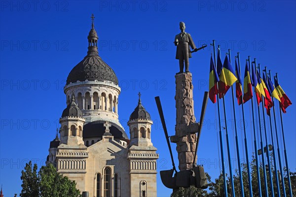 Avram Iancu Statue and Orthodox Cathedral at the Piata Avram Iancu in Cluj