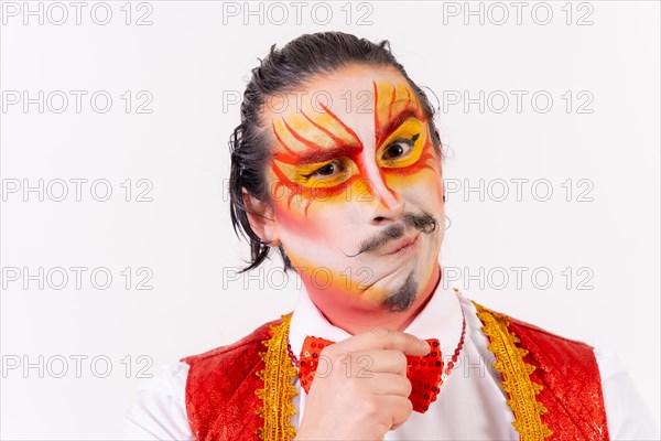 Portrait of smiling juggler with painted clown face isolated on white background