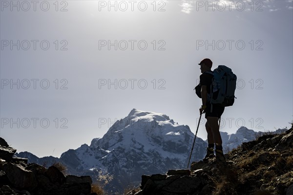 Mountaineers in the backlight in front of the Ortler summit massif