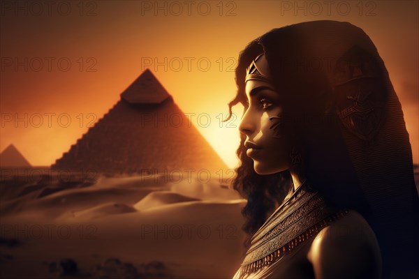 Cleopatra in a sunset with the pyramids of Giza in the background in Egypt. Ai generated