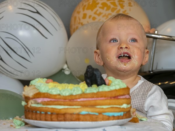 One-year-old boy sits in front of his birthday cake on his first birthday and tries to see if it tastes good