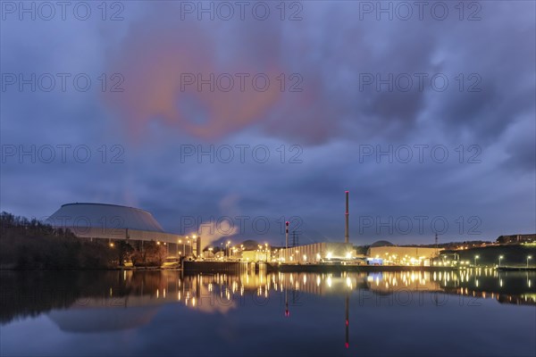 Neckarwestheim nuclear power plant in the evening with cloud of water vapour