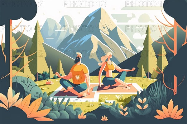Outdoor yoga class in nature mountain landscape. Yoga exercise concept vector illustration. Man and woman training together