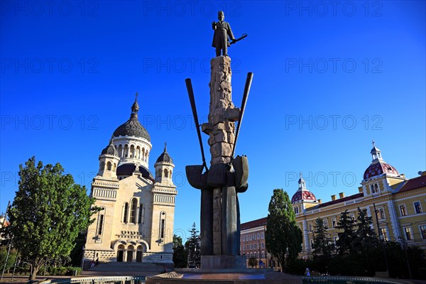 Avram Iancu Statue and Orthodox Cathedral at the Piata Avram Iancu in Cluj