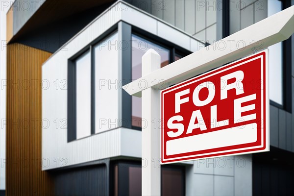 Real estate sign in front of new contemporary house