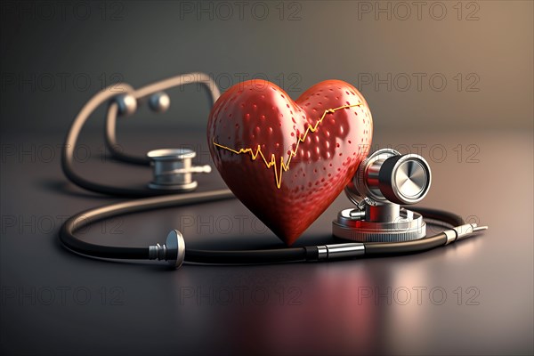 A heart next to a stethoscope on a white table