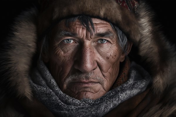 Portrait of man from Nenets tribe in Siberia. Ai generated art